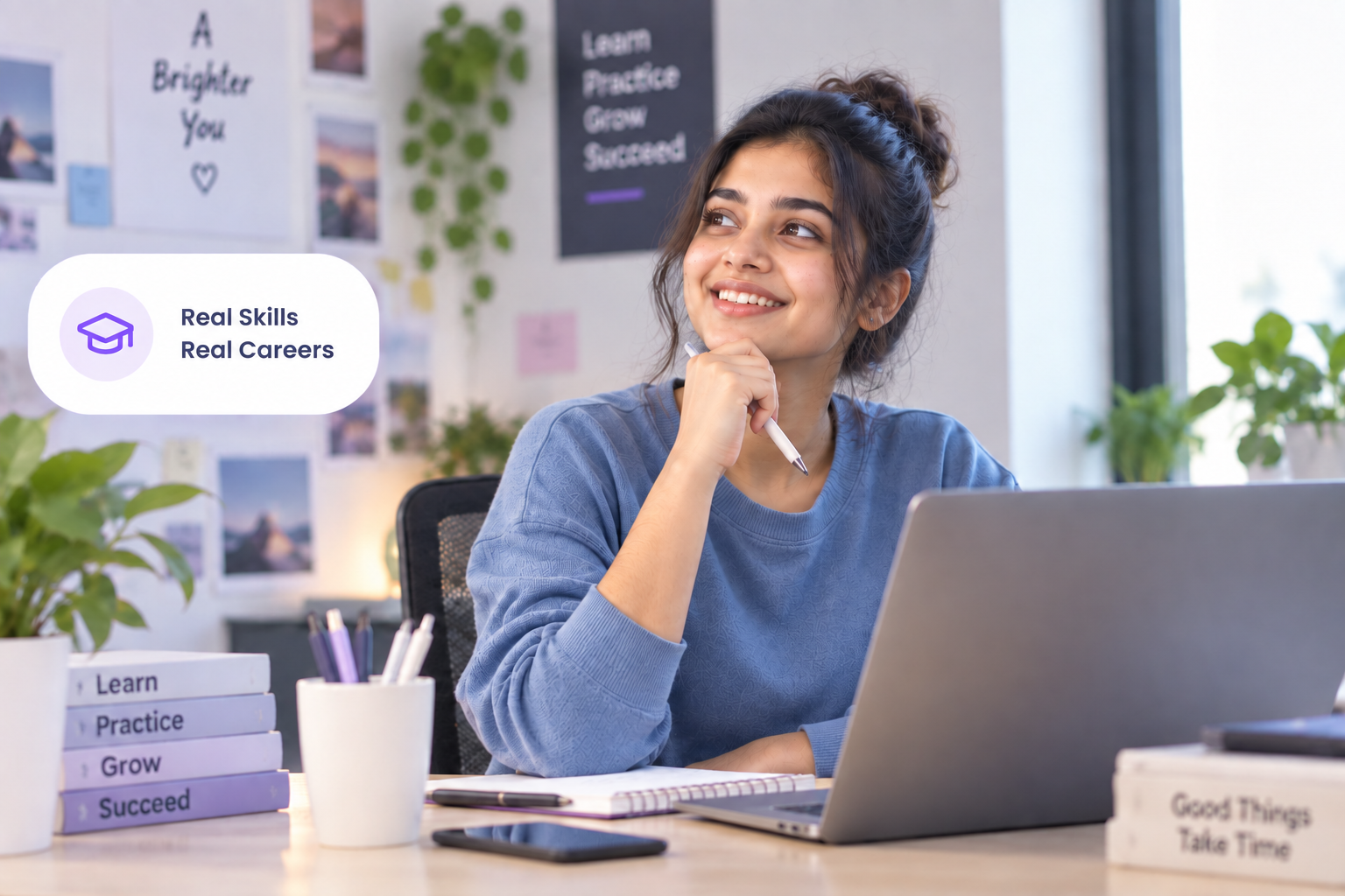 Learner in a blue sweater studying at her laptop. Real Skills, Real Careers.