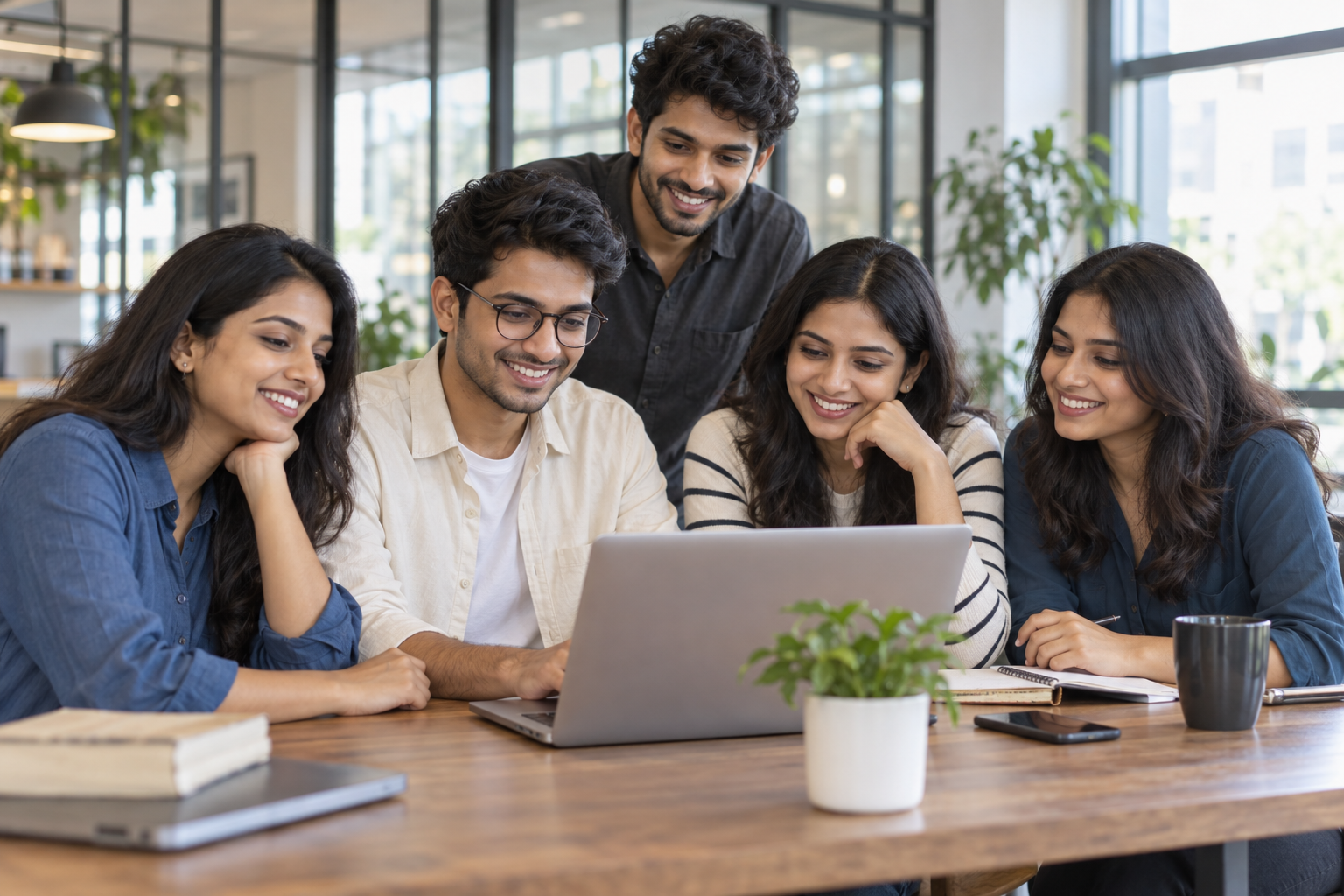 A group of learners collaborating around a laptop